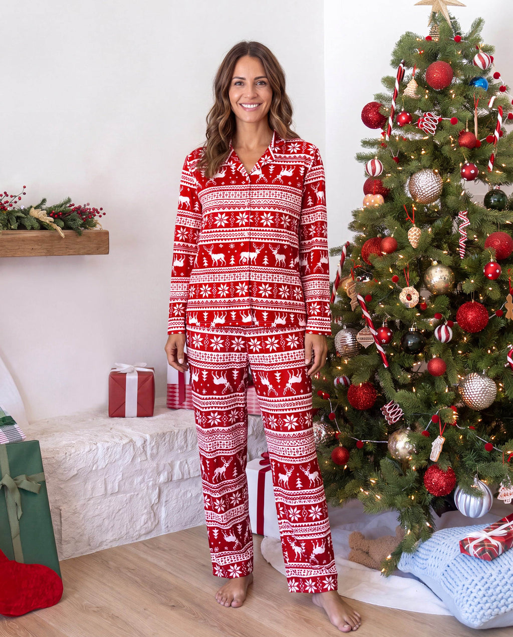 Family Matching Christmas Pajamas Fair Isle Print Collared Red