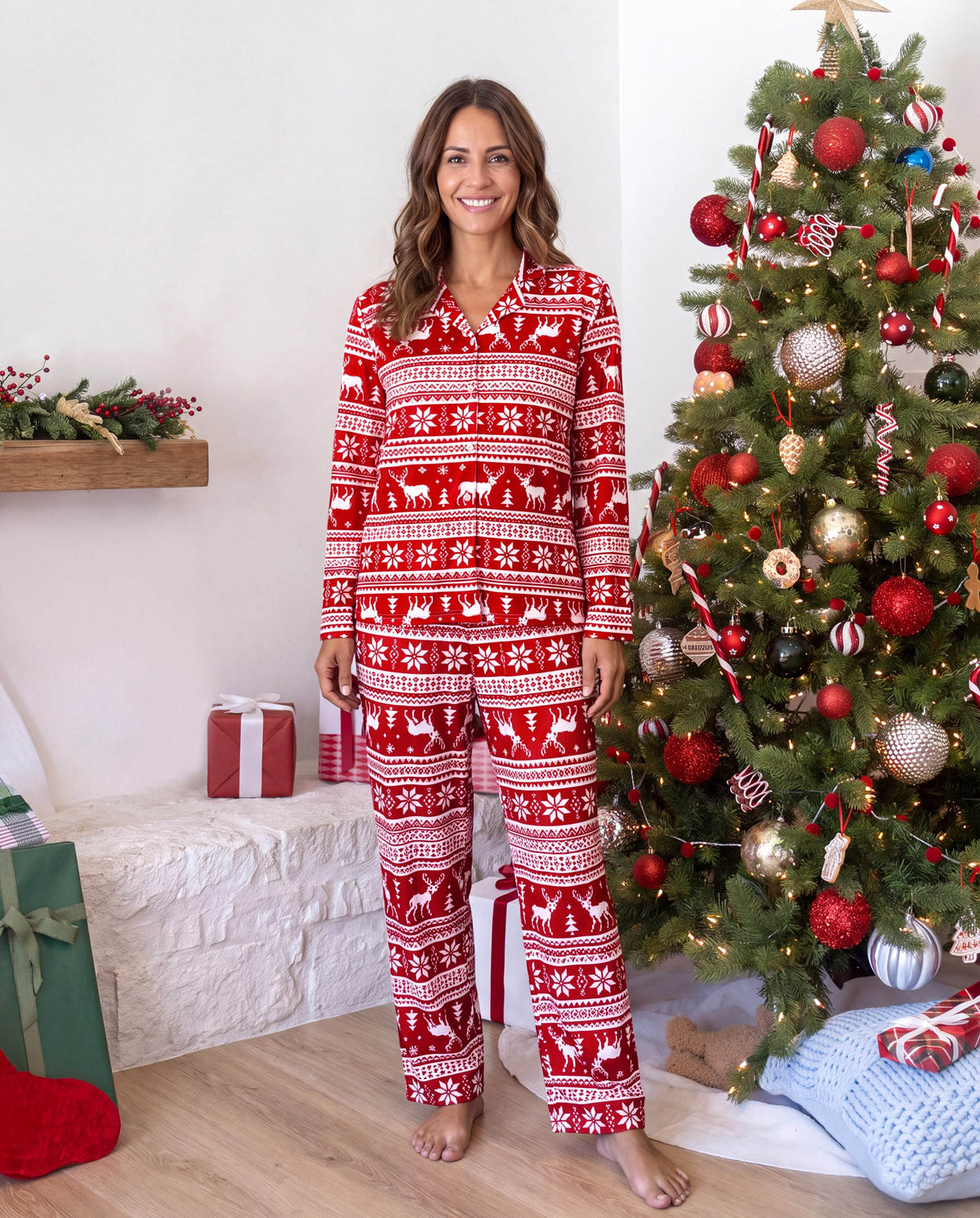 Family Matching Christmas Pajamas Fair Isle Print Collared Red