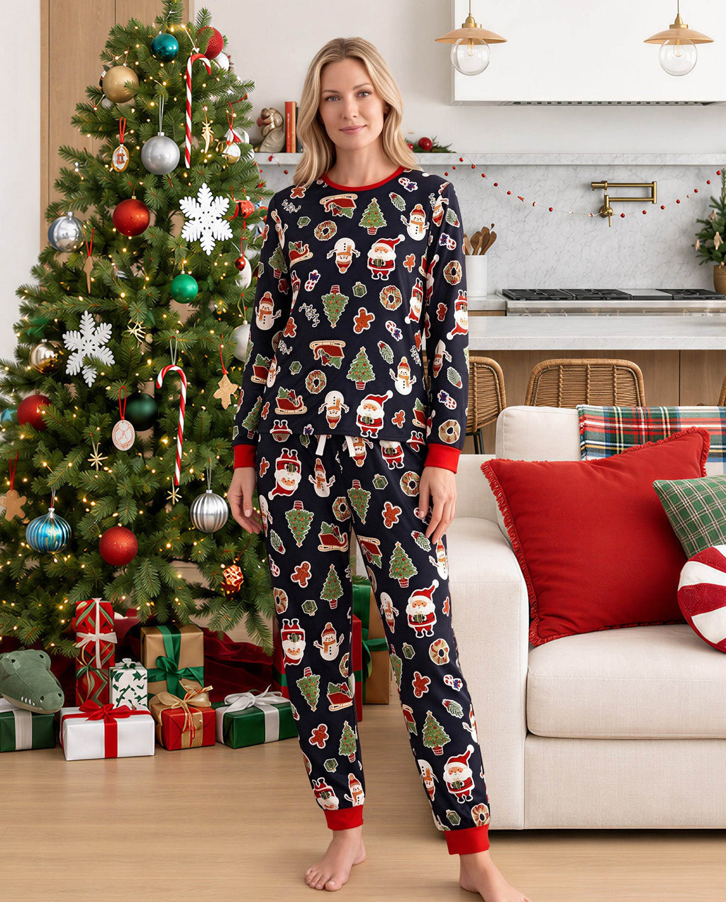 Family Matching Christmas Pajamas Christmas Tree & Gingerbread Print Black