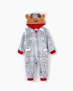 Christmas Onesies Matching Family Pajamas Set Reindeer Print Glow In The Dark PJS with Christmas Socks White/Gray