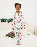 Christmas Family Matching Colorful Festival Theme Print Long Sleeve Pajamas Sets with Christmas Socks White