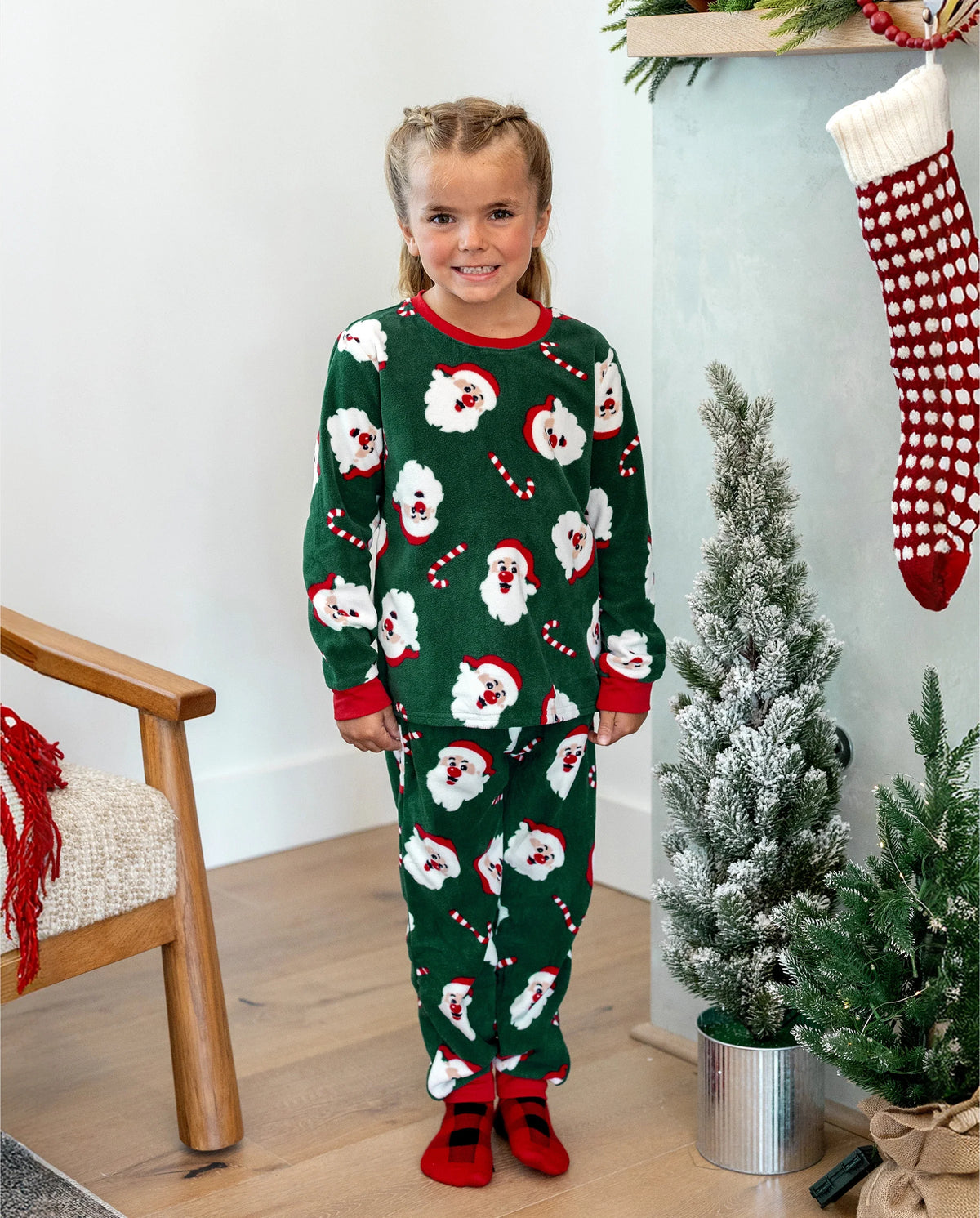Christmas Matching Family Fleece Pajamas Set Santa Claus and Candy Cane Print PJS with Christmas Socks Dark Green