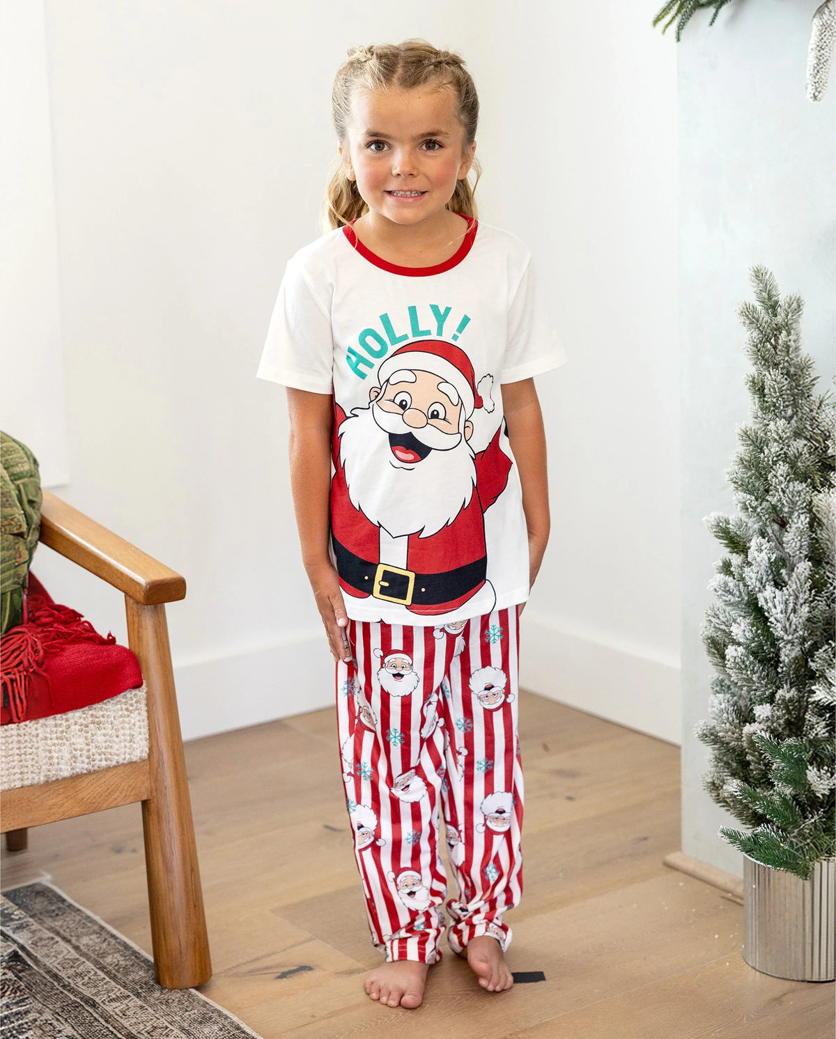 Christmas Matching Family Pajamas Set Santa Claus and Snowflakes Red Stripes PJS Red