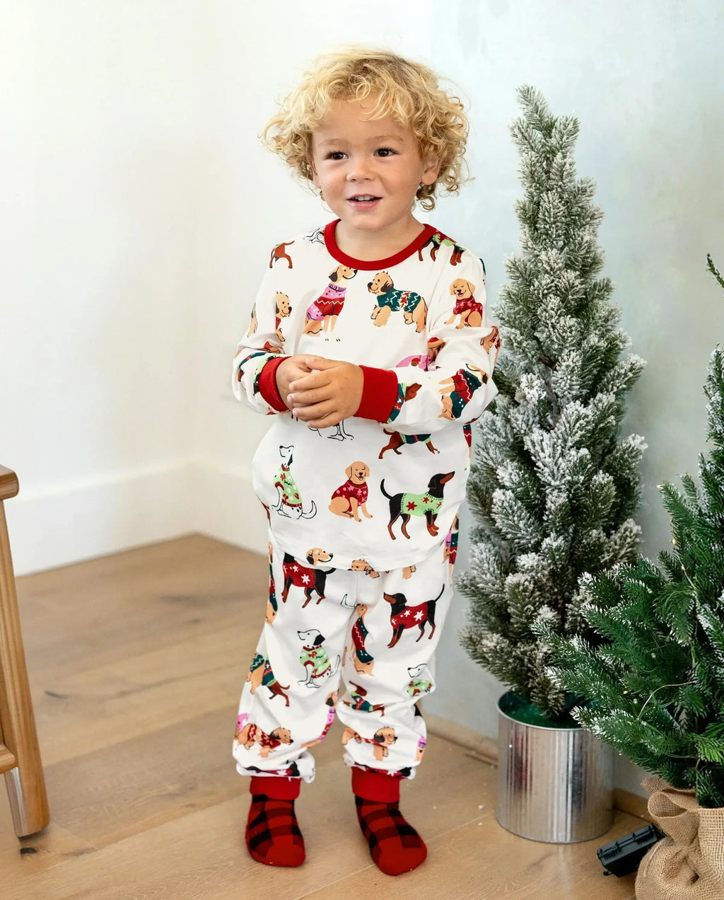 Christmas Matching Family Pajamas Set Various Dog Print PJS with Christmas Socks Apricot