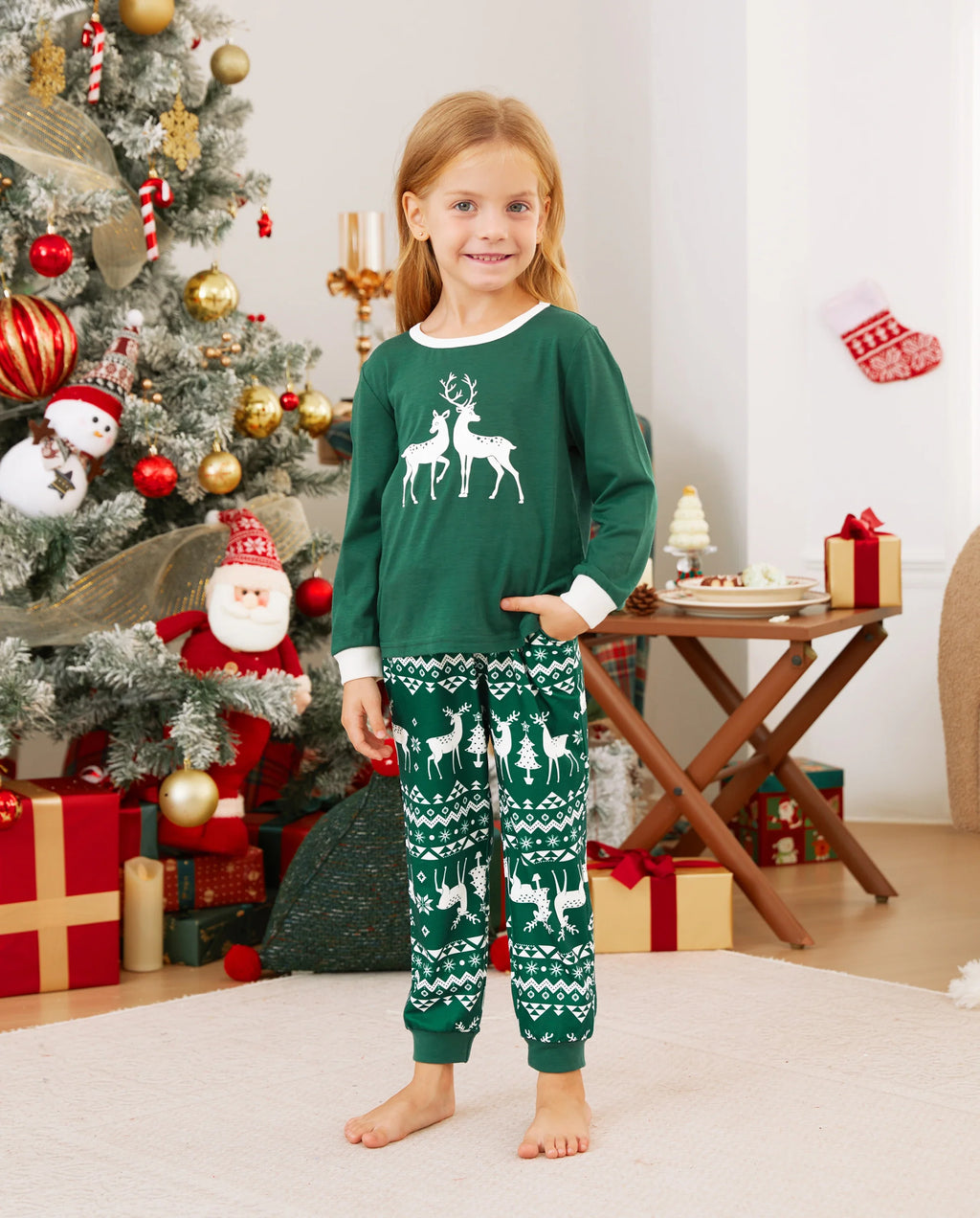 Christmas Family Matching Glow in the Dark Reindeer Tops Allover Pattern Pants Pajamas Sets with Christmas Socks