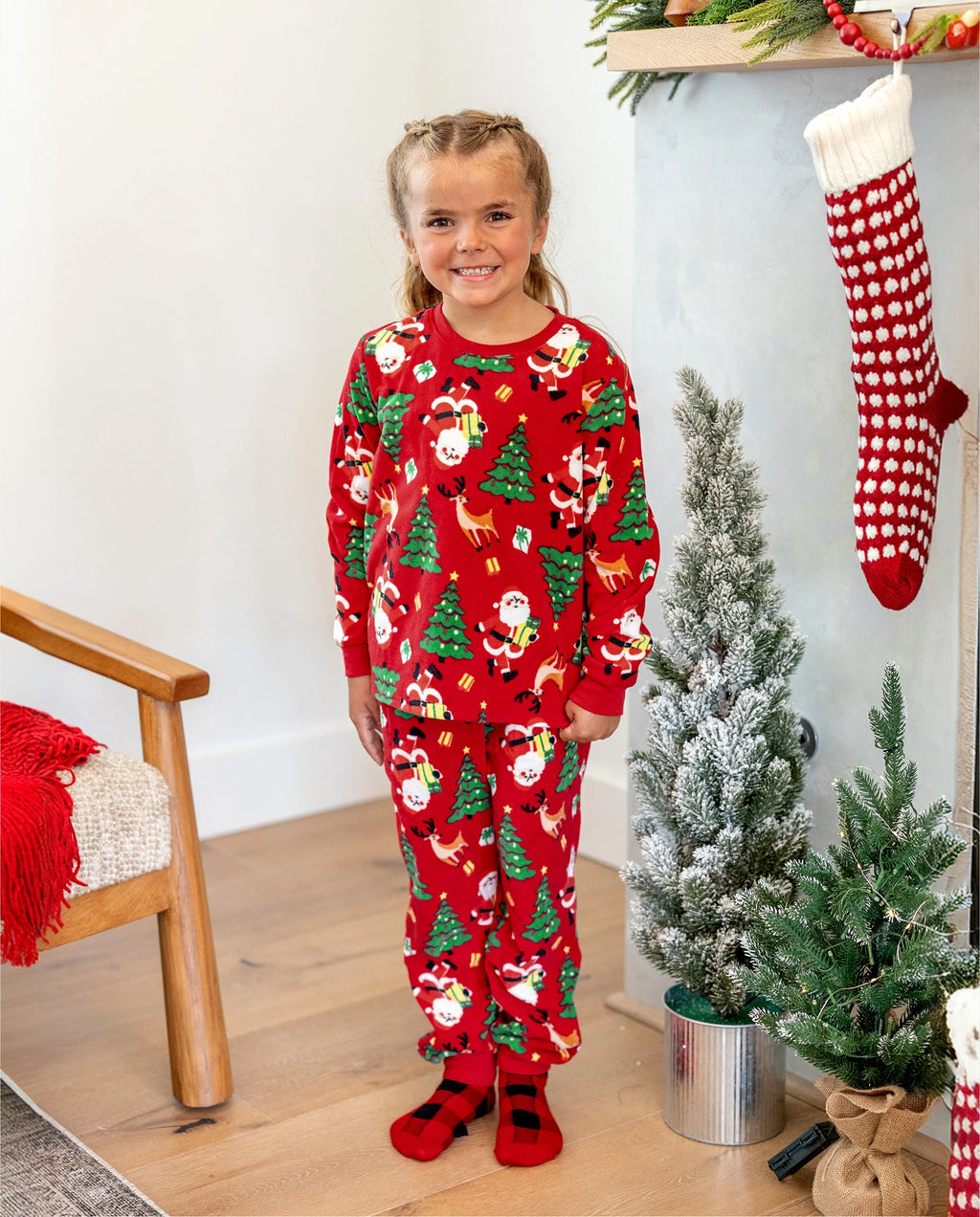 Christmas Matching Family Pajamas Set Santa Claus and Christmas Tree Print Red Fleece PJS with Christmas Socks Red