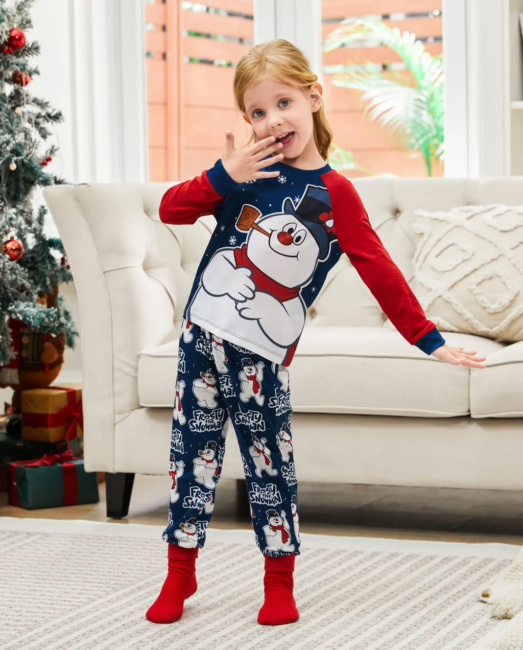 Frosty The Snowman Christmas Family Matching Color-block Pajamas Sets with Christmas Socks