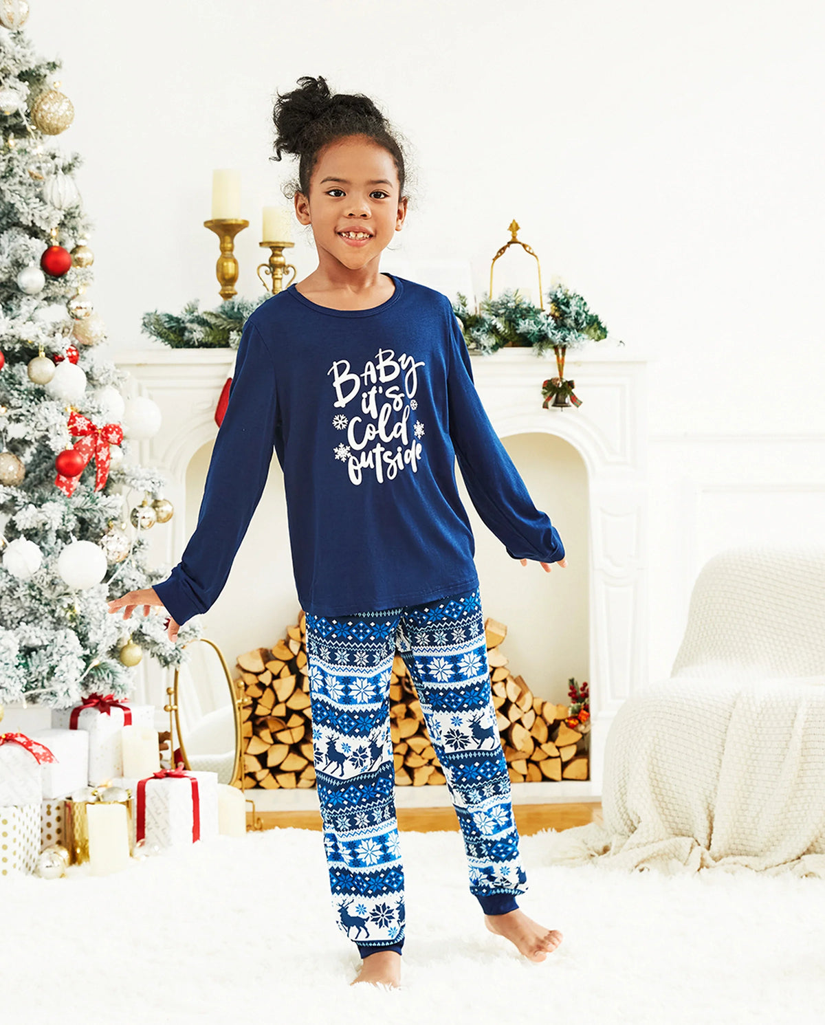 Family Matching Christmas Pajamas Baby It's Cold Outside Print Blue