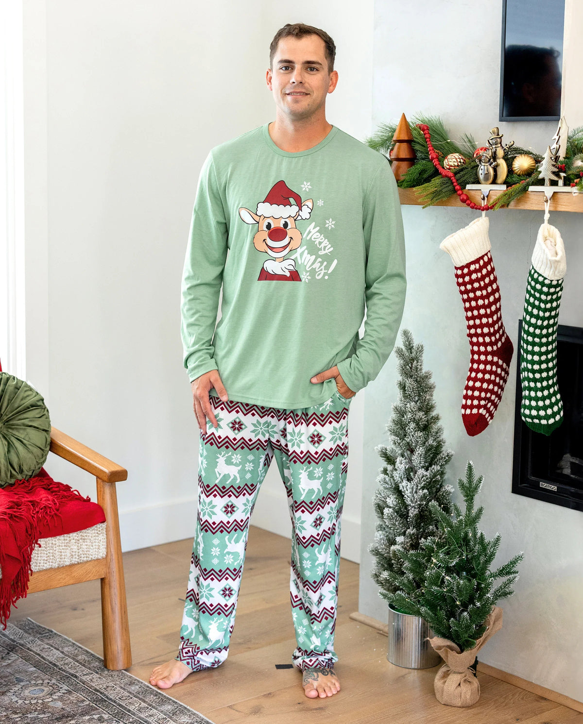 Christmas Matching Family Pajamas Set Christmas Spirit and Snowflake Print PJS with Christmas Socks Pale Green