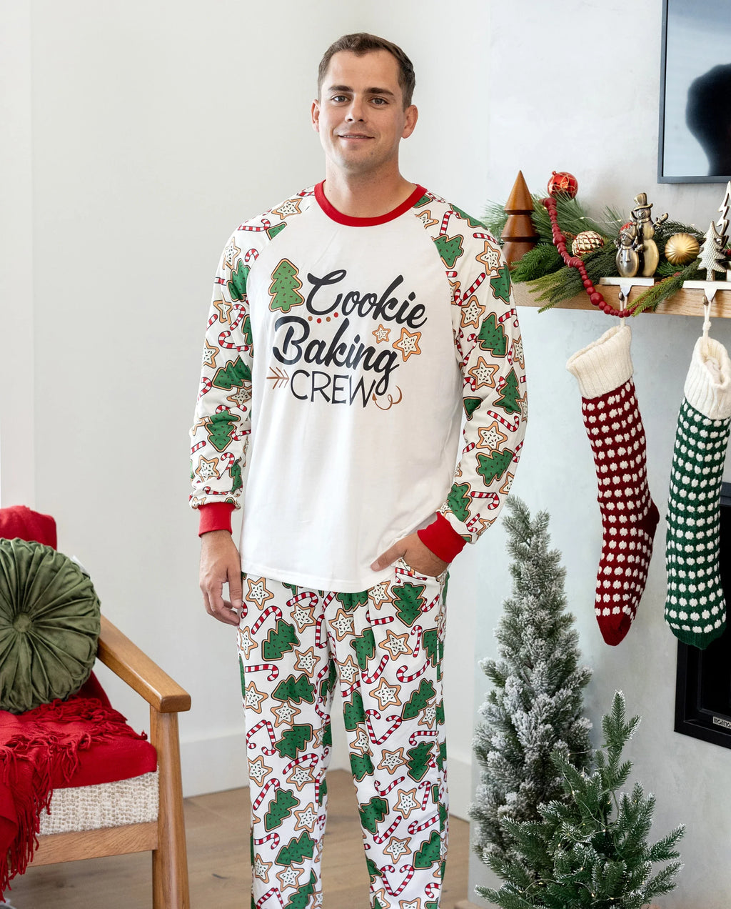 Christmas Matching Family Pajamas Set Christmas Tree Print Red and Apricot PJS with Christmas Socks Apricot