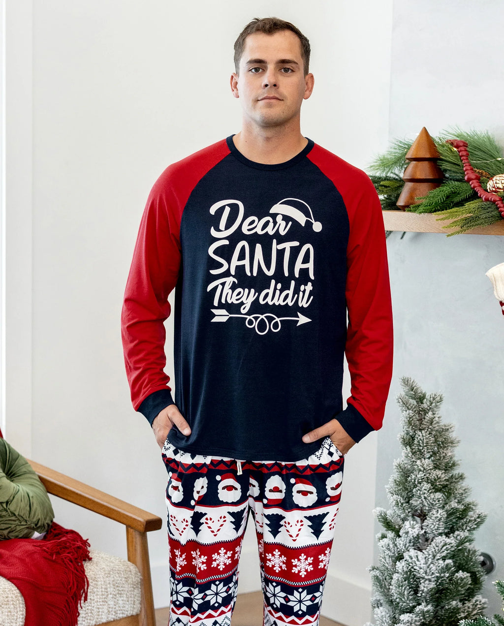 Christmas Matching Family Pajamas Set Glow In The Dark Santa Claus Print PJS with Christmas Socks Deep Blue