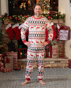 Family Christmas Pajamas All Over Reindeer Print Long-sleeve with Christmas Socks (SGS Certied Safety) Red+White