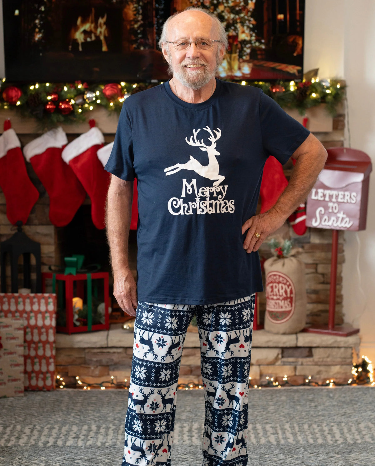 Christmas Reindeer Print Glow in the Dark Family Matching Pajamas Sets with Christmas Socks Deep Blue