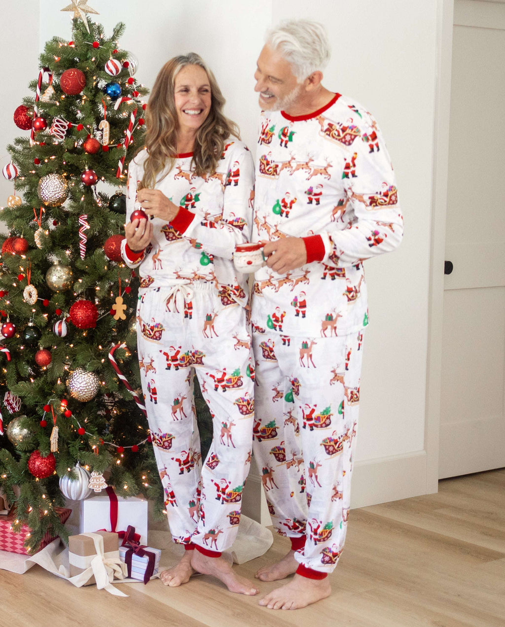 Family Matching Christmas Pajamas Reindeer & Santa Claus Print White Plus Size