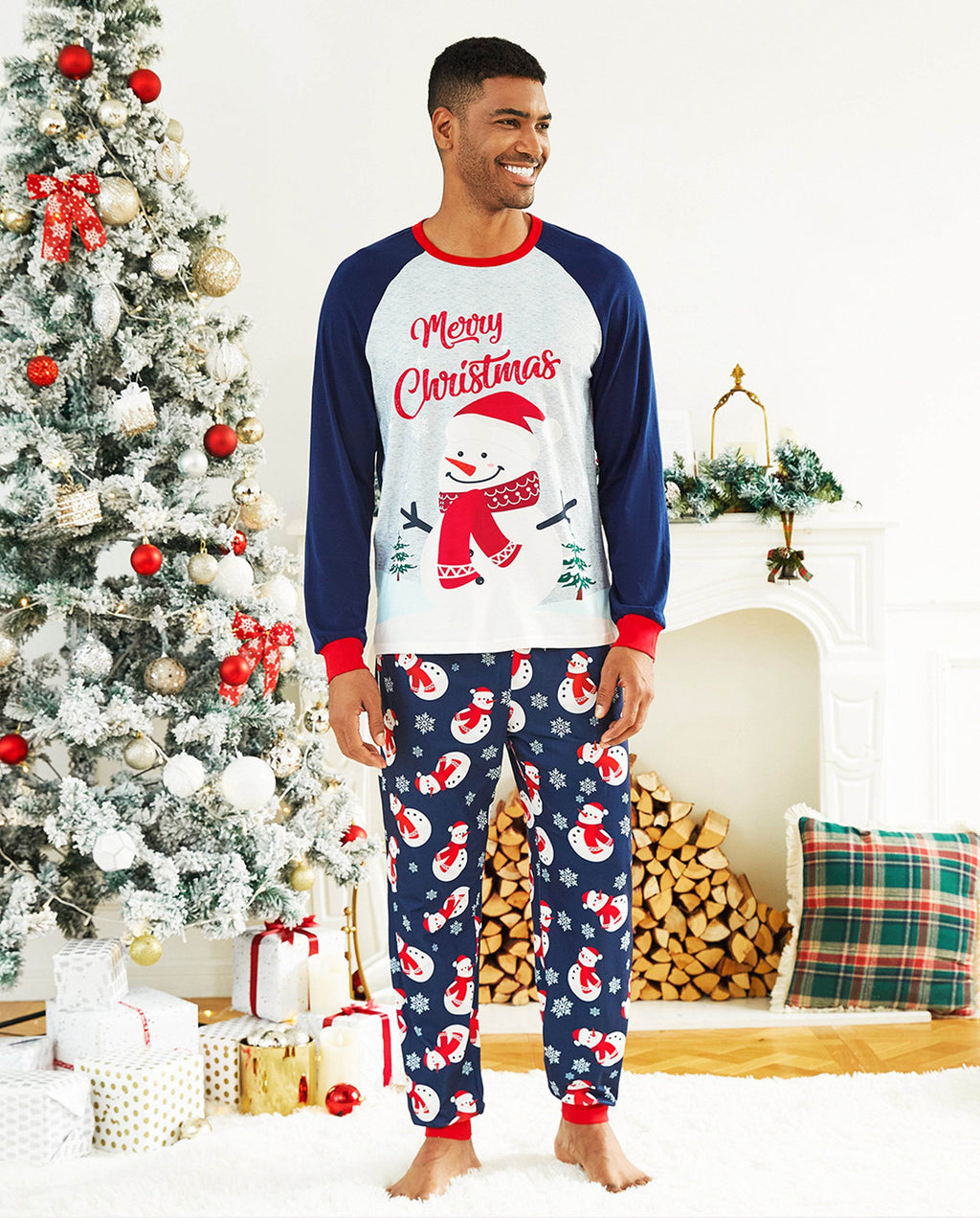 Matching Family Christmas Pajamas Snowman Print Colorblock