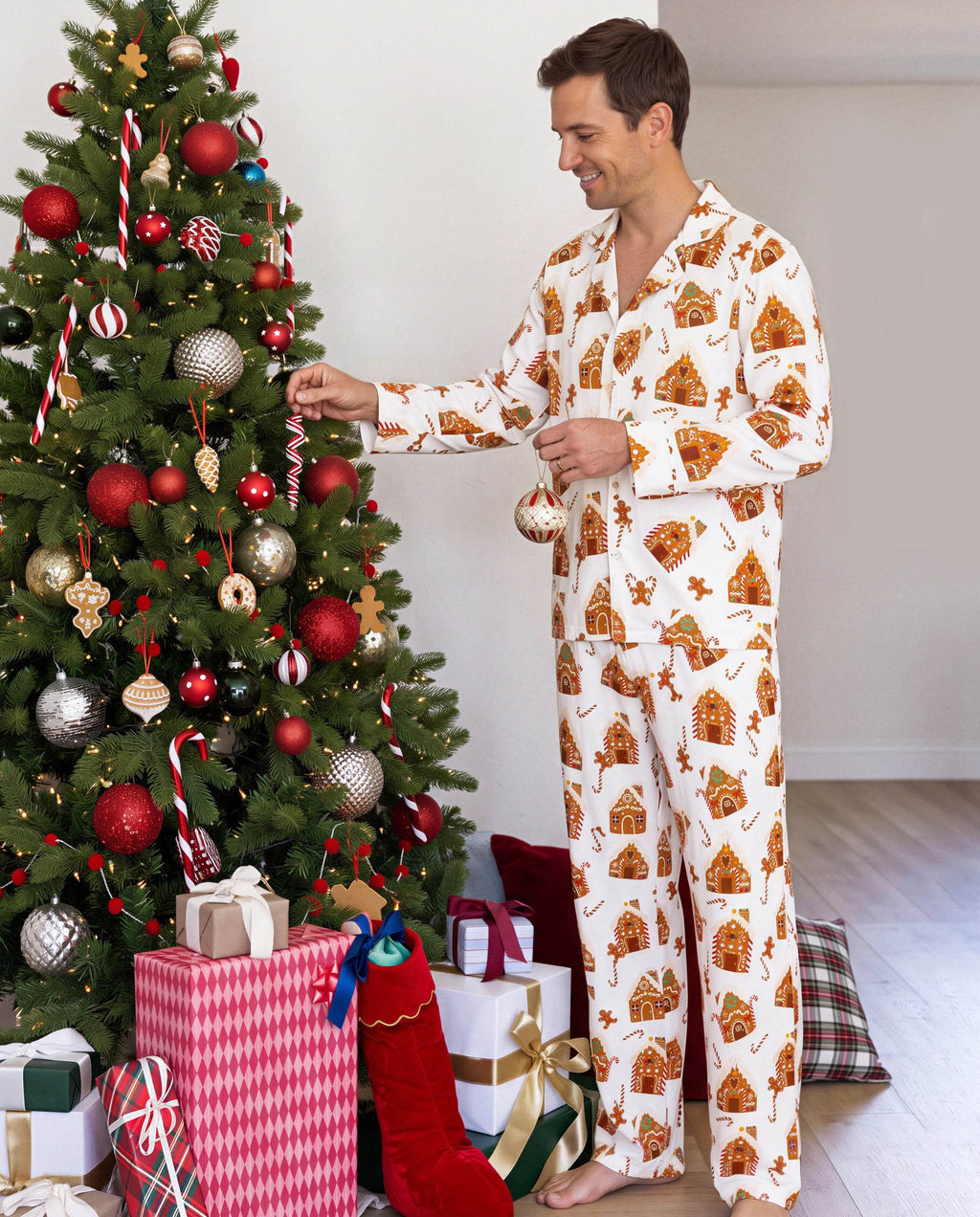 Matching Family Christmas Pajamas Gingerbread House Print Brown