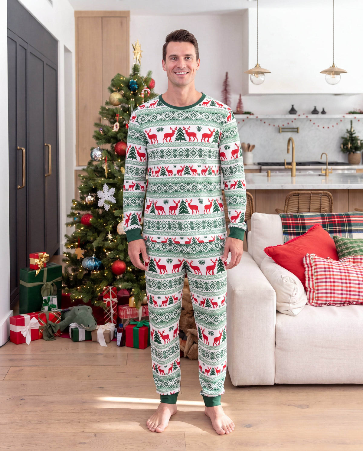 Matching Family Christmas Pajamas Fair Isle & Reindeer Print Green