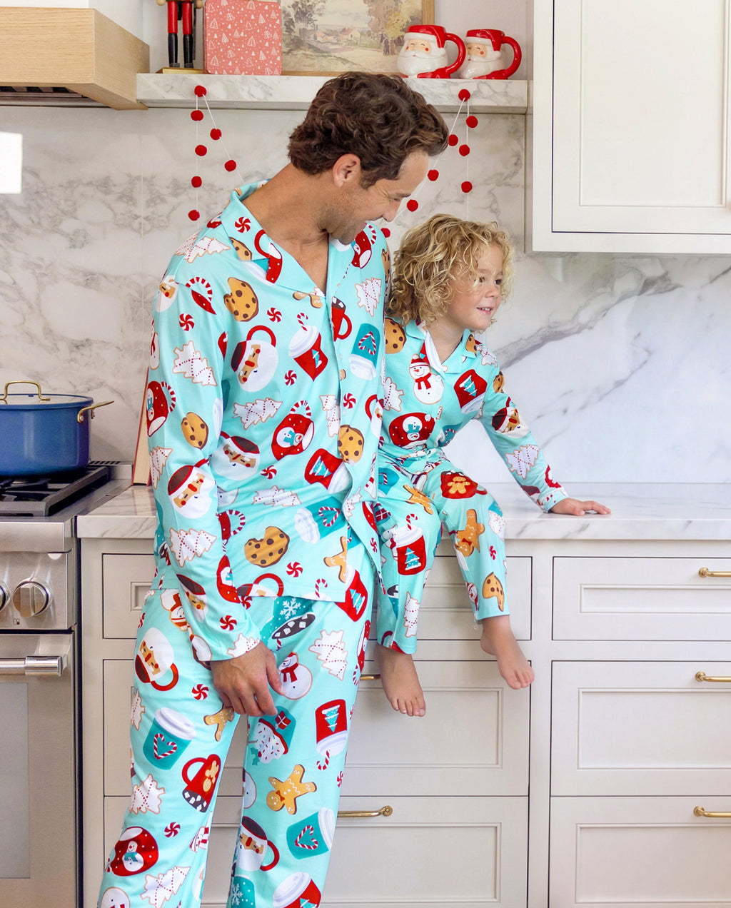 Matching Family Christmas Pajamas Gingerbread & Mug Print Blue