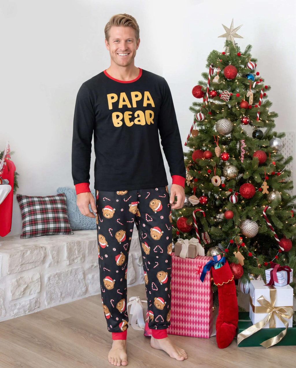 Matching Family Christmas Pajamas Bear Print Black