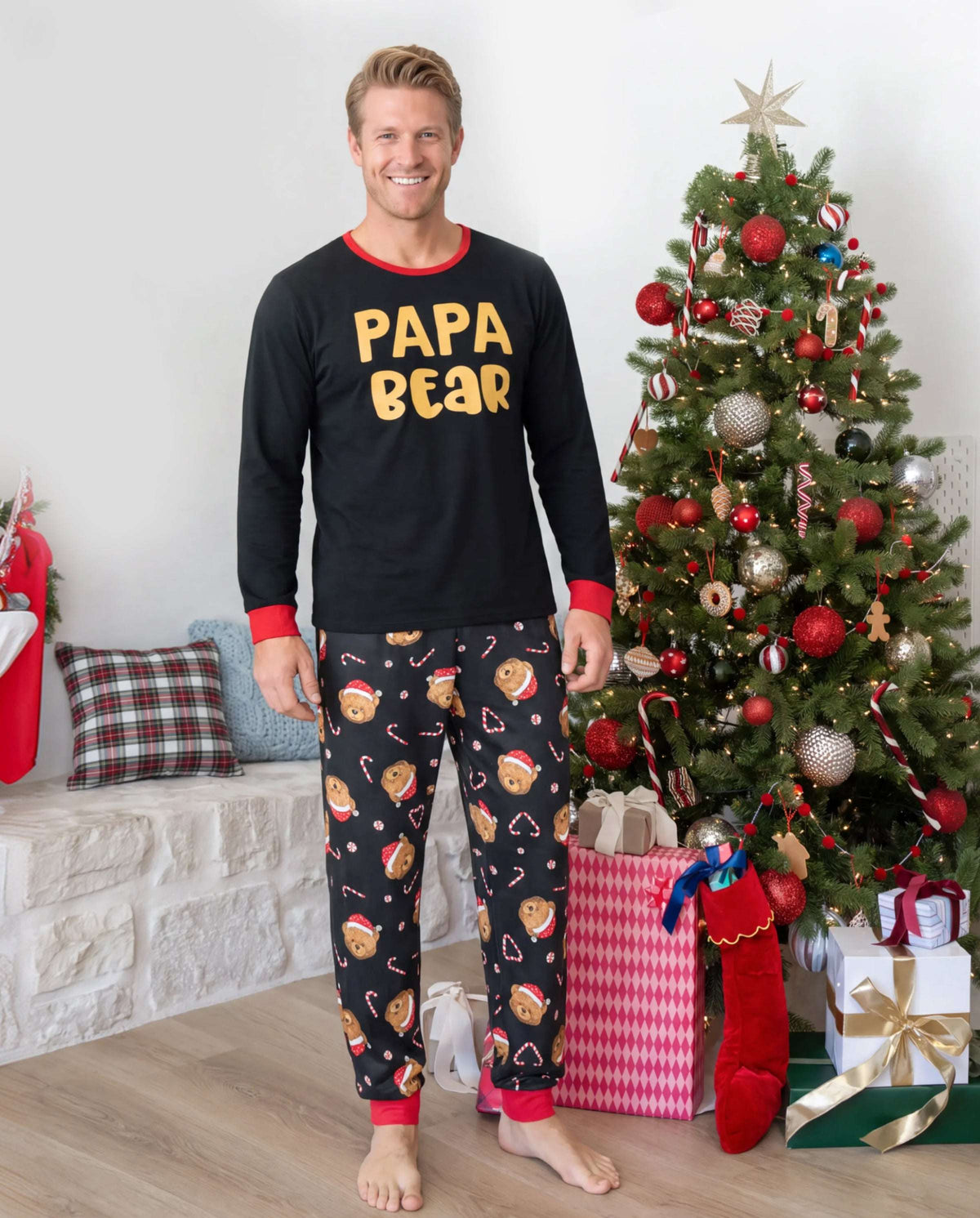 Matching Family Christmas Pajamas Bear Print Black