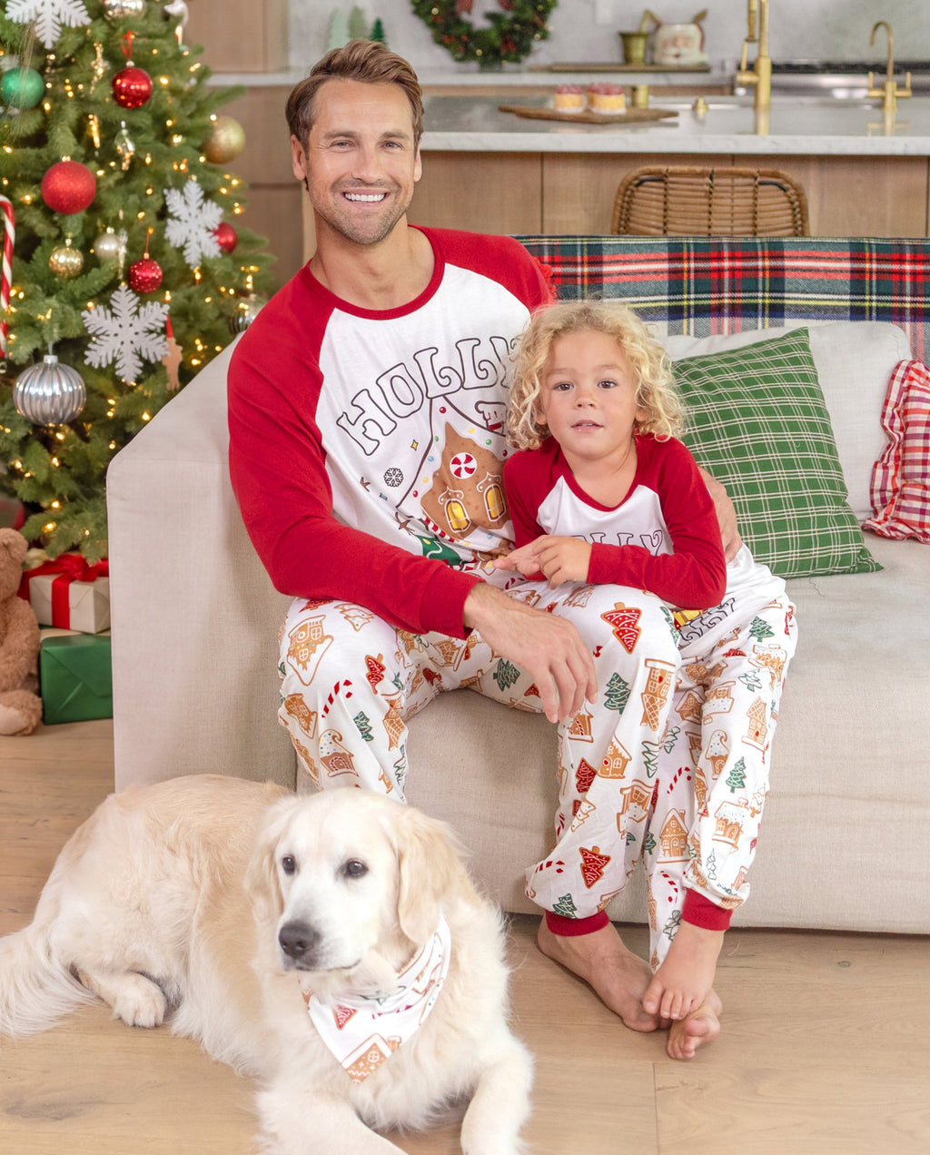 Matching Family Christmas Pajamas Gingerbread House & Christmas Tree Print Red