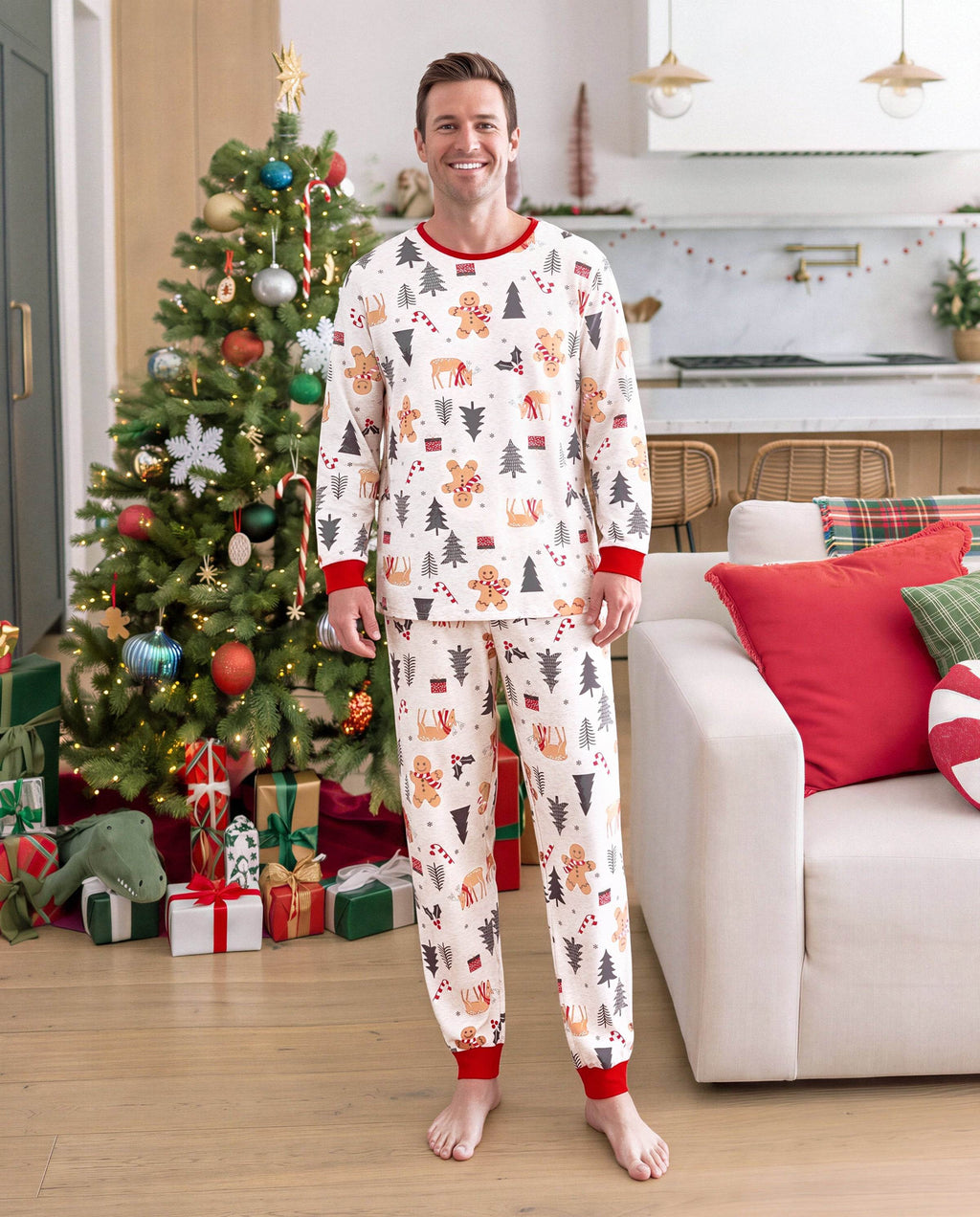 Family Matching Christmas Pajamas Christmas Tree & Gingerbread Print Cotton Cream