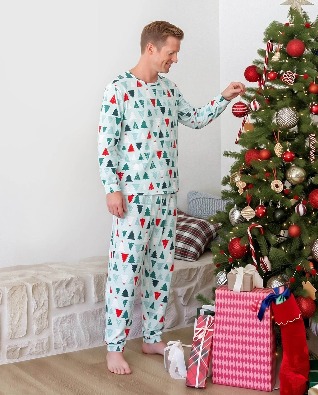 Matching Family Christmas Pajamas Christmas Tree Print Cotton Blue
