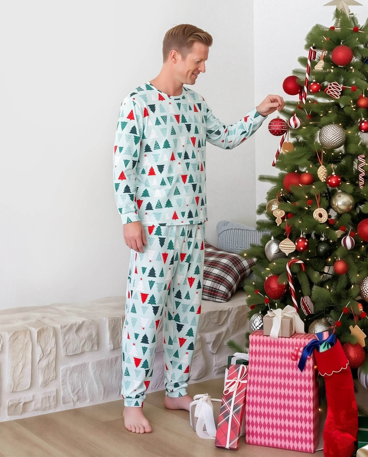 Matching Family Christmas Pajamas Christmas Tree Print Cotton Blue