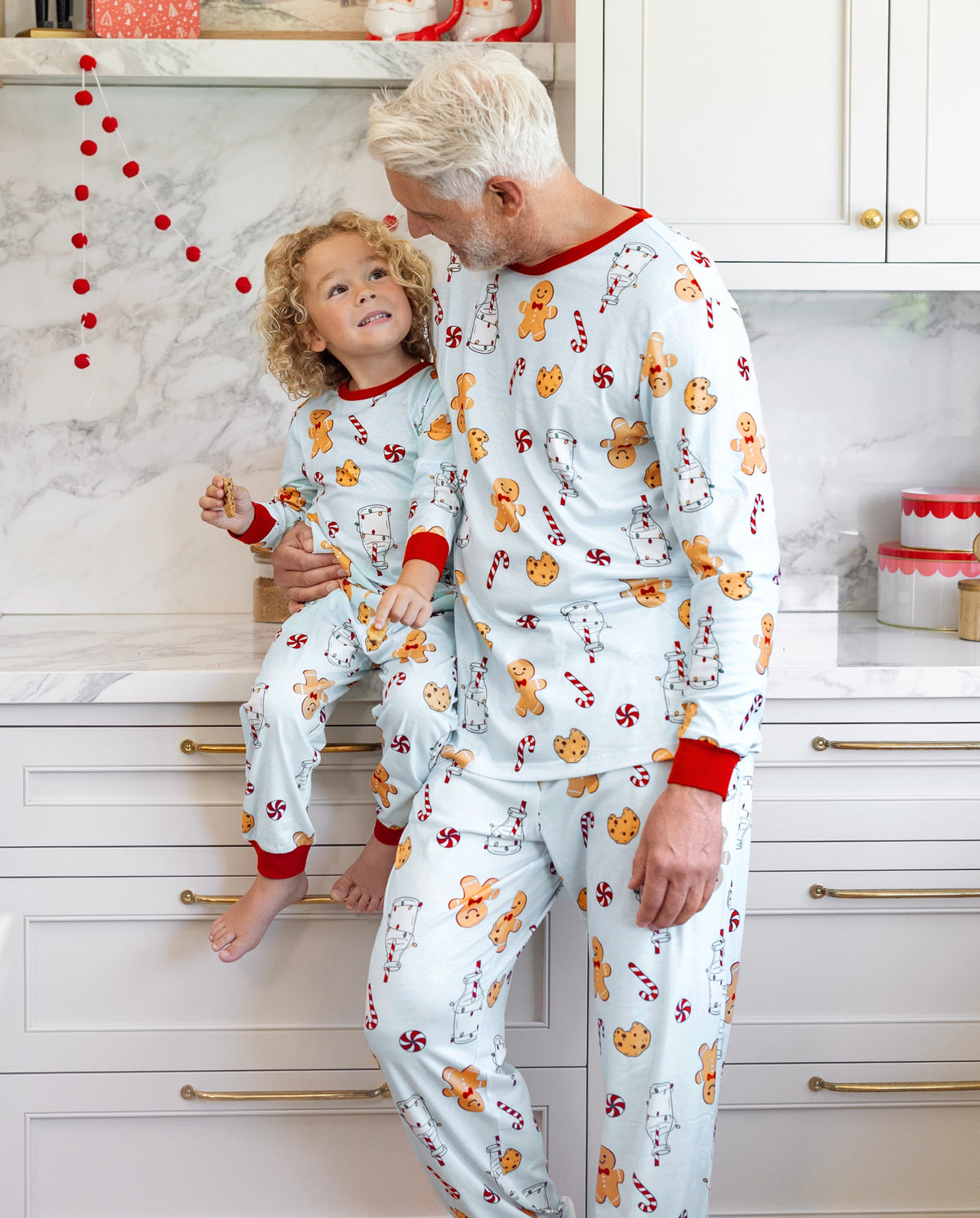 Family Matching Christmas Pajamas Gingerbread & Milk Print Blue