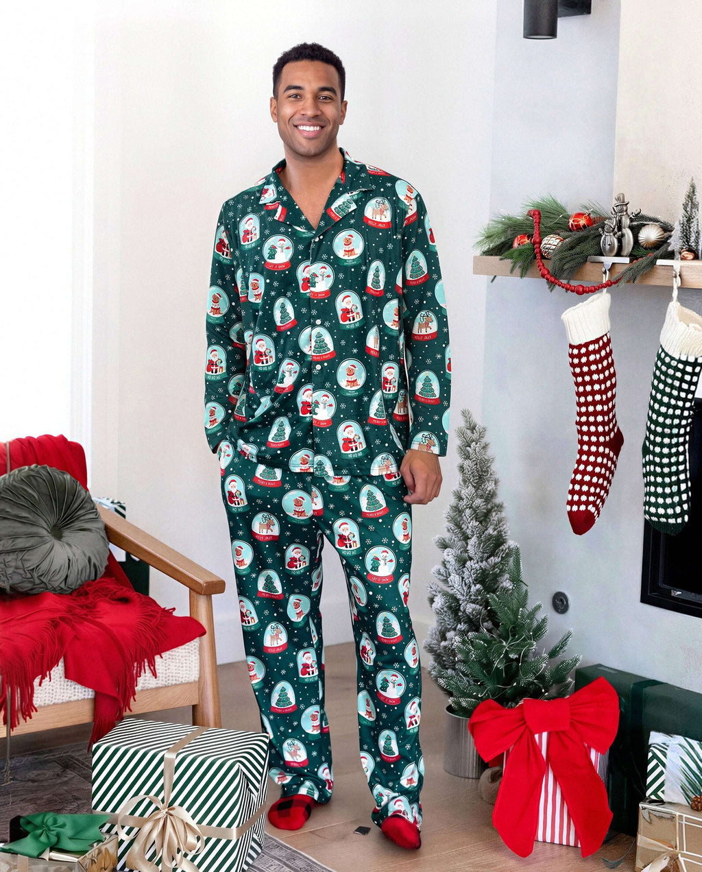 Matching Family Christmas Pajamas Snow Globe Print Dark Green Plus Size