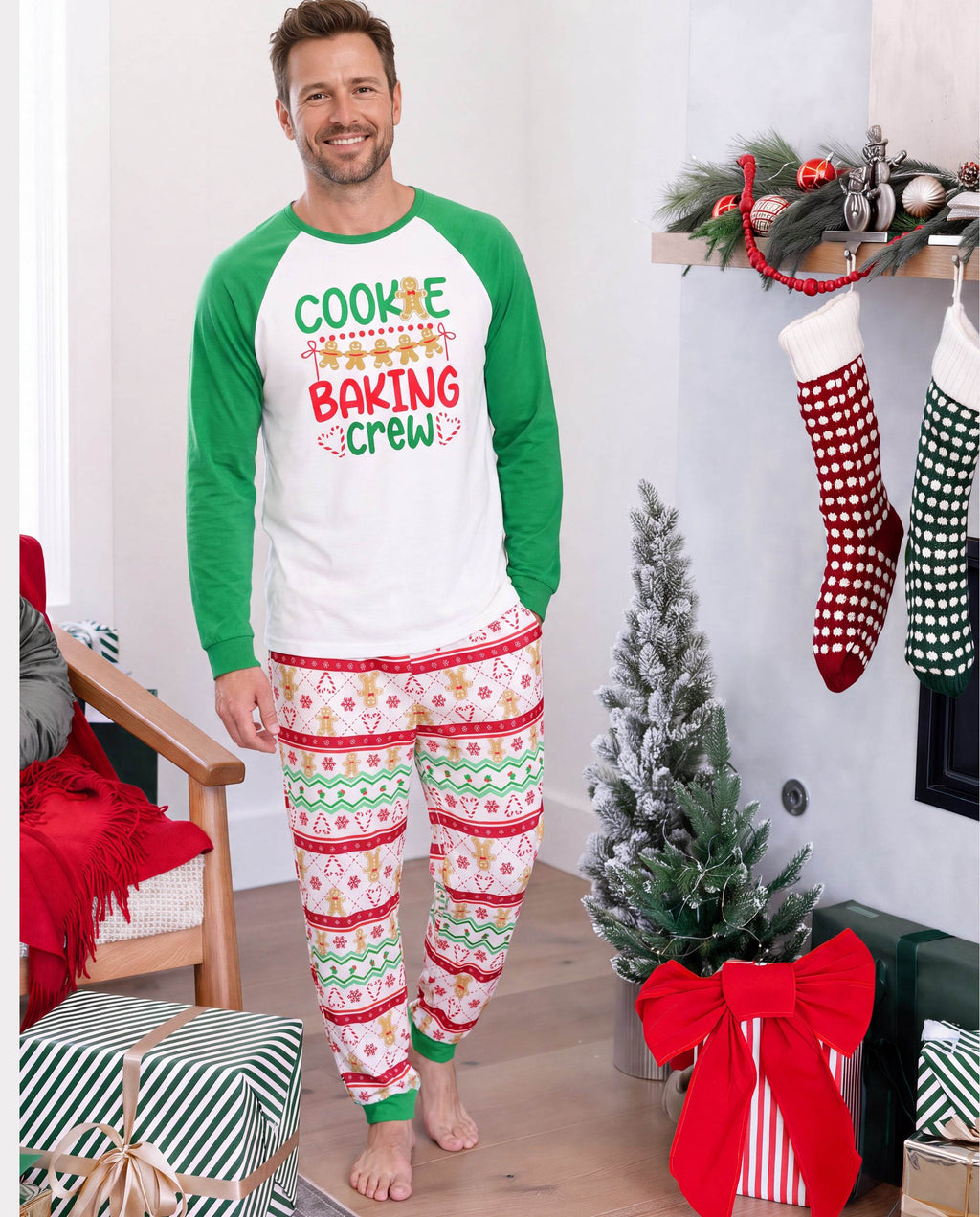 Matching Family Christmas Pajamas Gingerbread Print Green