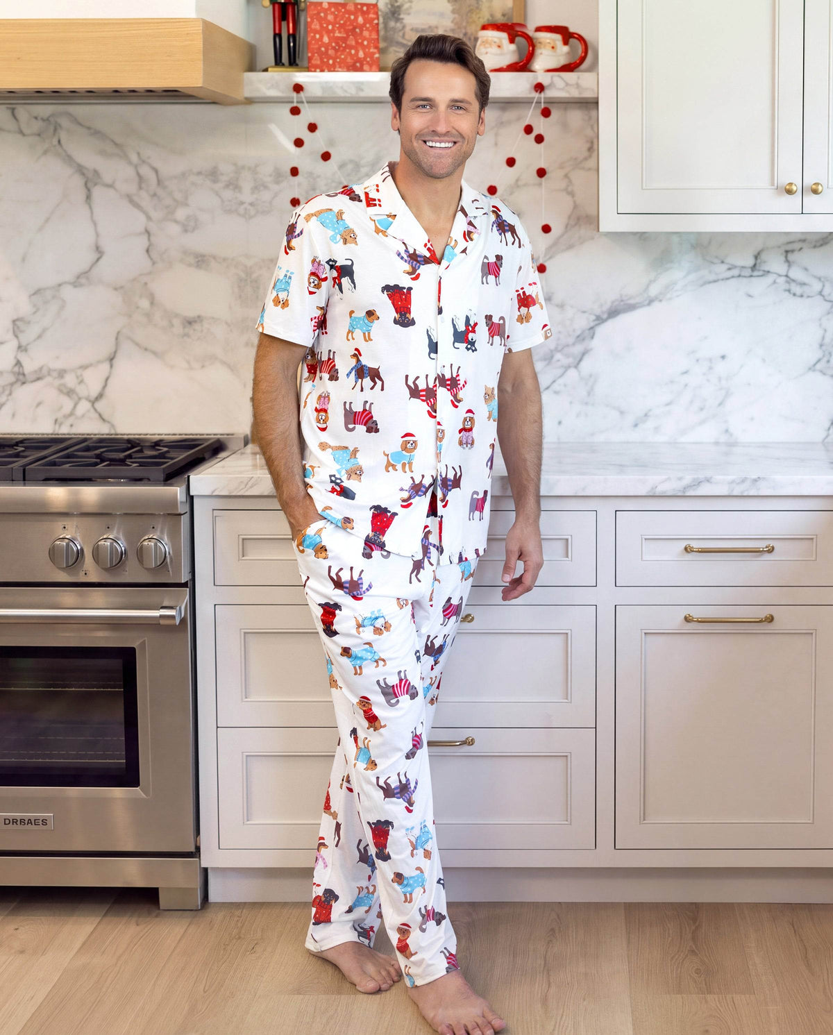 Family Matching Christmas Pajamas Festive Dog Print Red & White