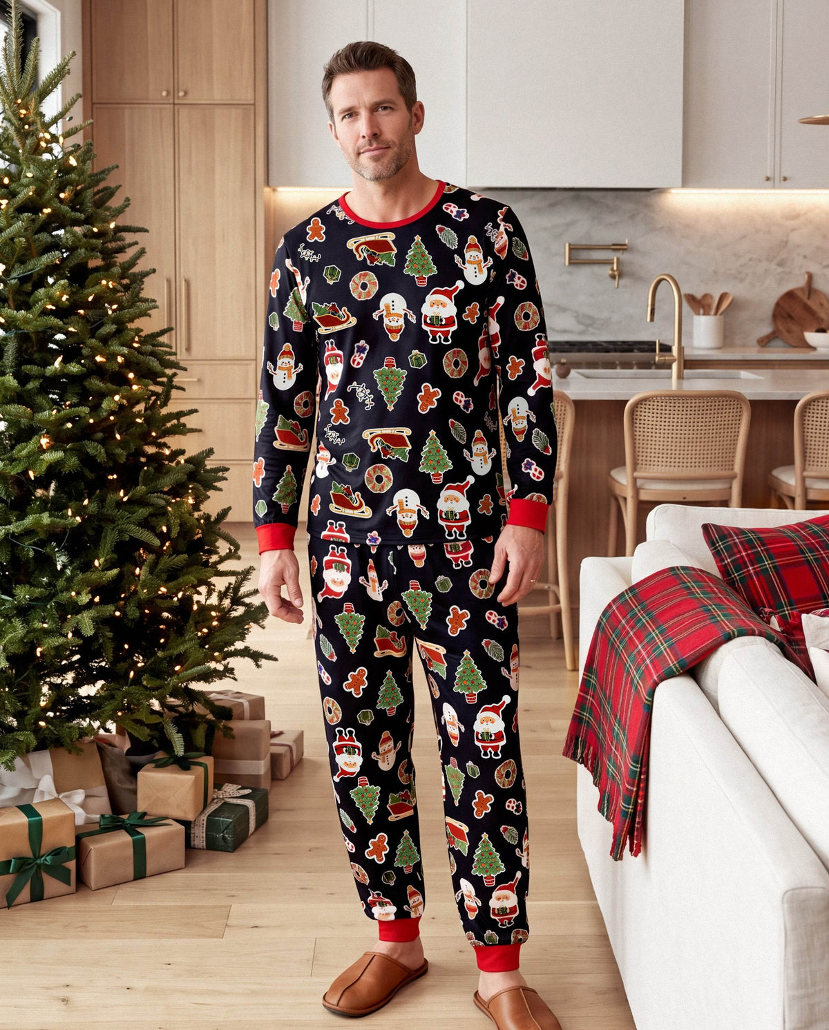 Family Matching Christmas Pajamas Christmas Tree & Gingerbread Print Black
