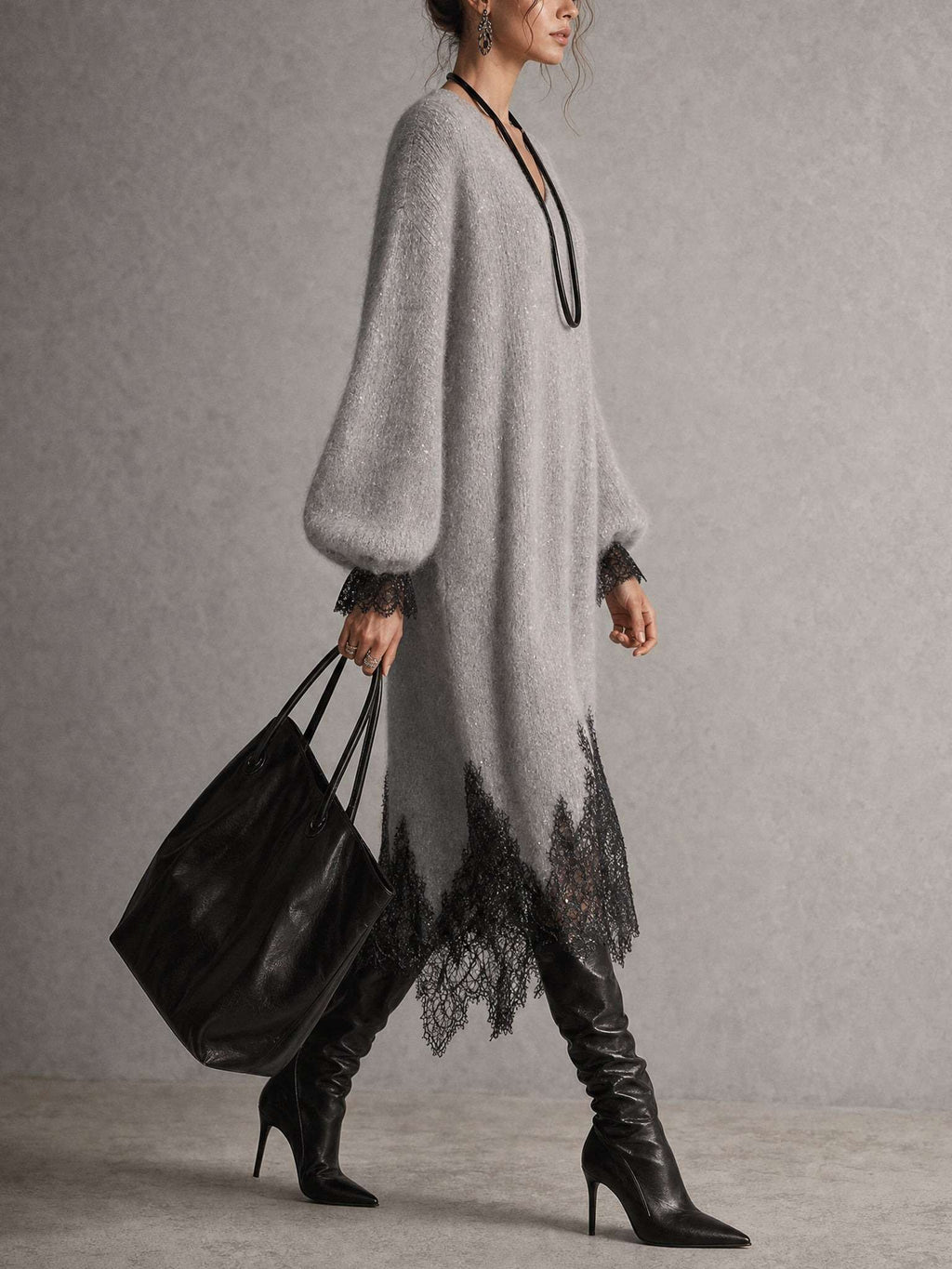 Gray Shimmer Knit Lace Hem Midi Dress