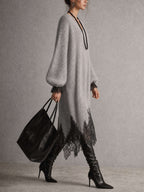 Gray Shimmer Knit Lace Hem Midi Dress
