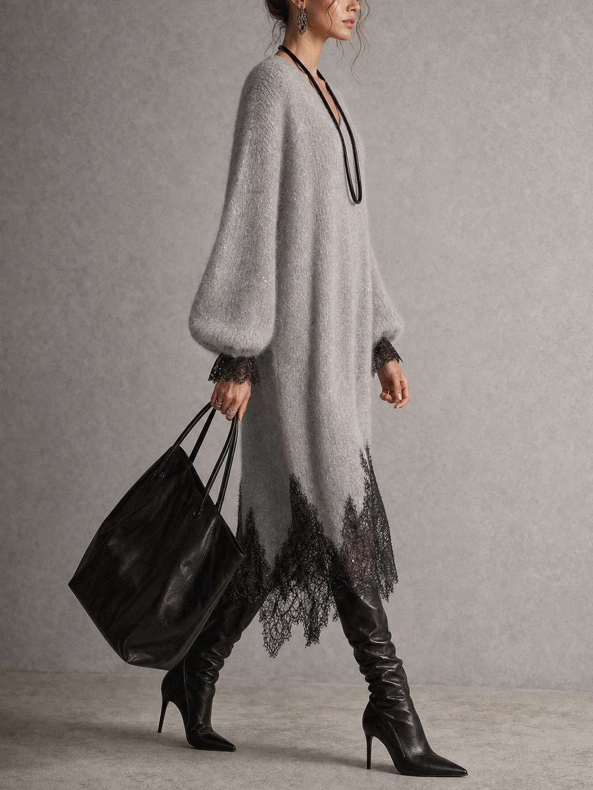 Gray Shimmer Knit Lace Hem Midi Dress
