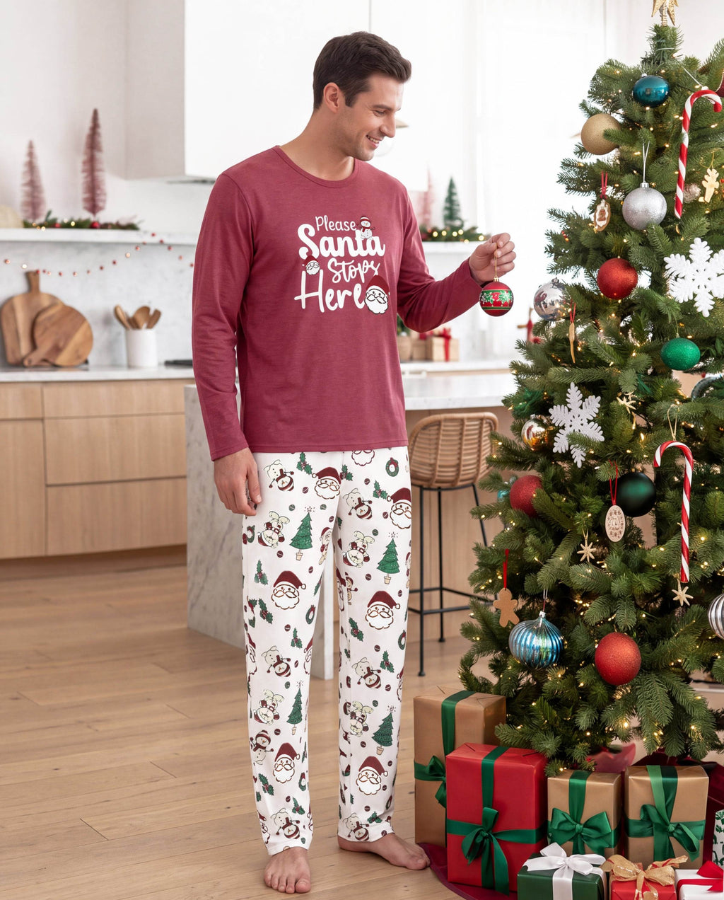 Family Matching Christmas Pajamas Santa & Christmas Tree Print Red