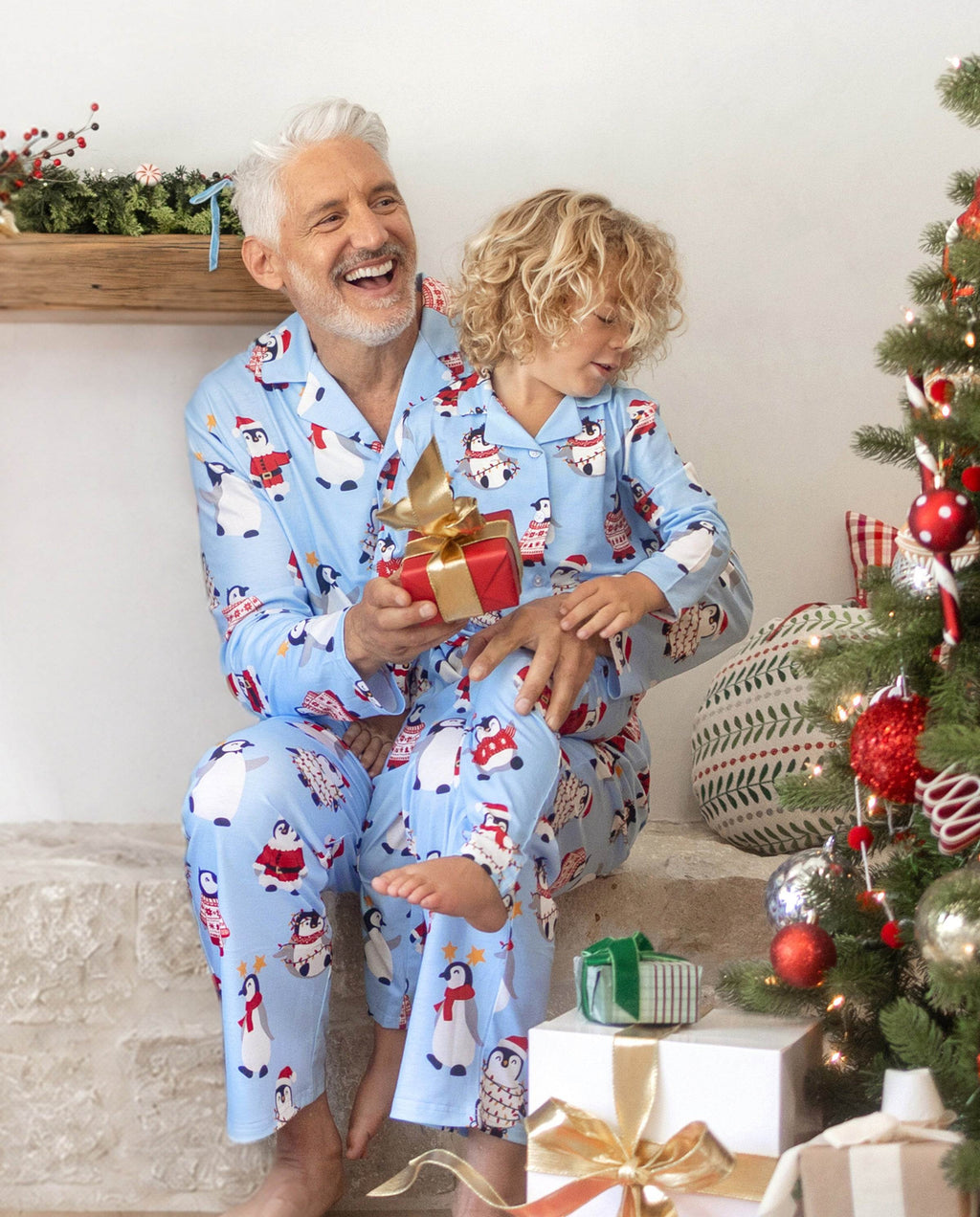 Matching Family Christmas Pajamas Penguin Print Blue