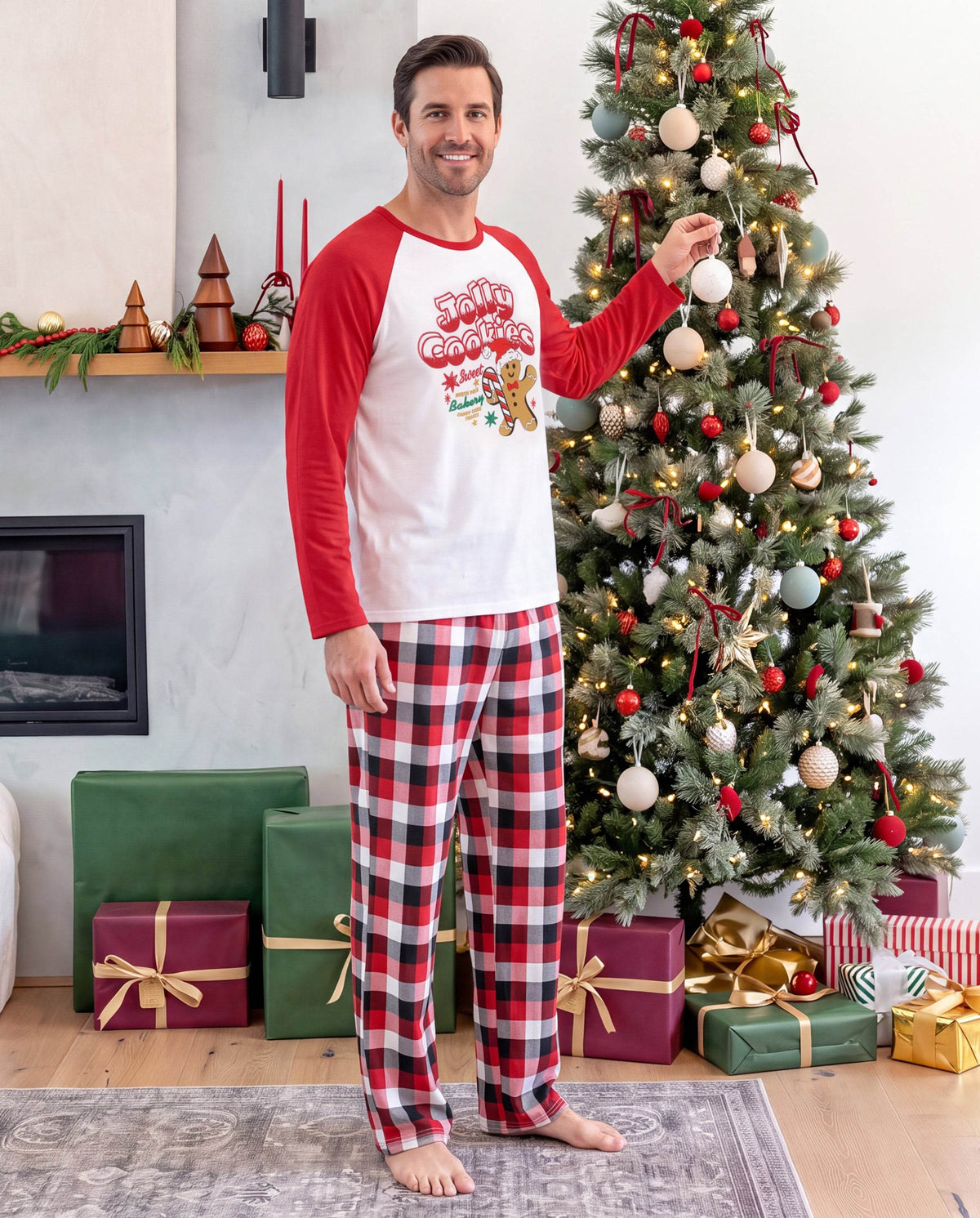 Matching Family Christmas Pajamas Gingerbread & Plaid Print Red