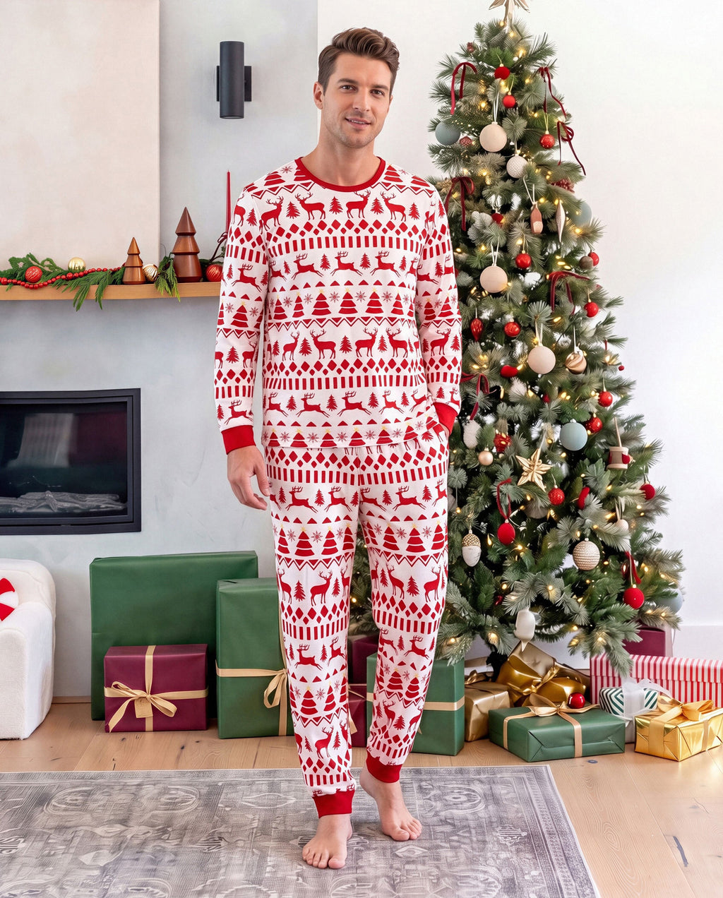 Matching Family Christmas Pajamas Fair Isle & Reindeer Print Red