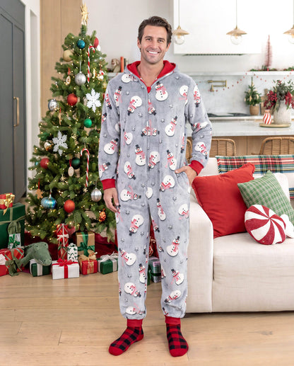 Family Matching Christmas Pajamas Snowman Print Coral Fleece Gray Christmas Onesie