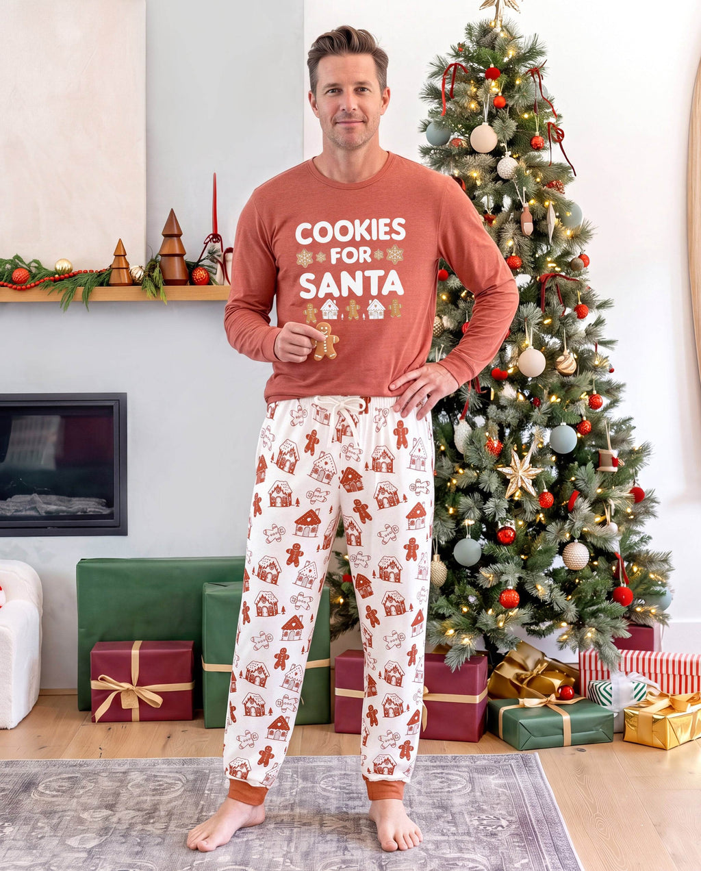 Matching Family Christmas Pajamas Gingerbread Print Red