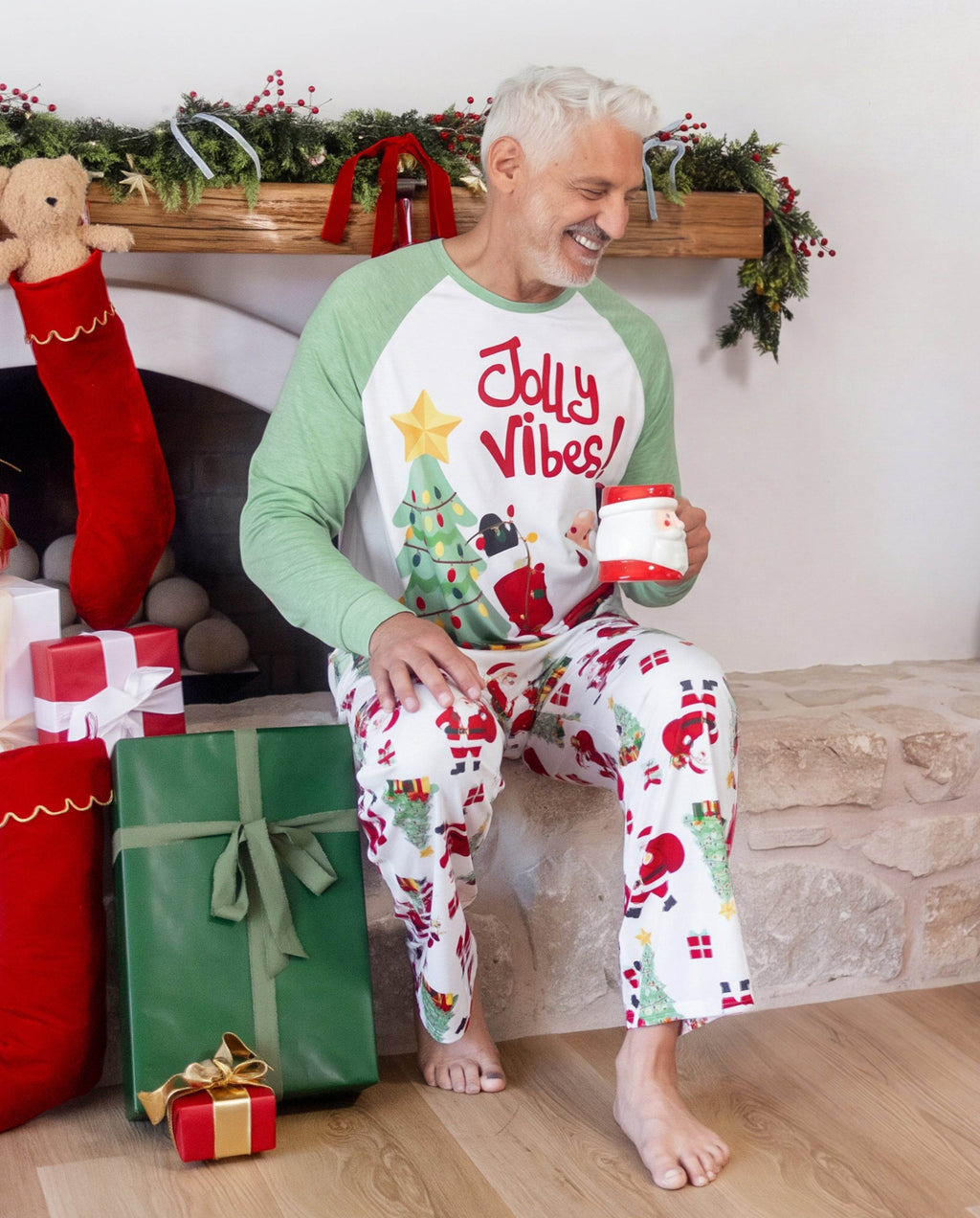 Matching Family Christmas Pajamas Santa & Christmas Tree Print Green