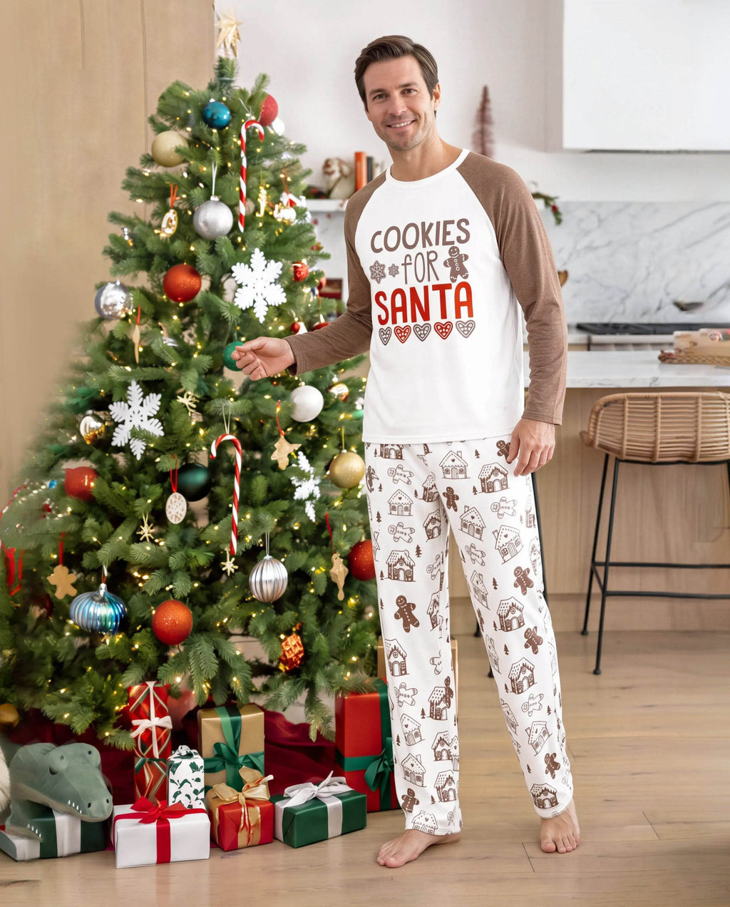Family Matching Christmas Pajamas Gingerbread Print Brown