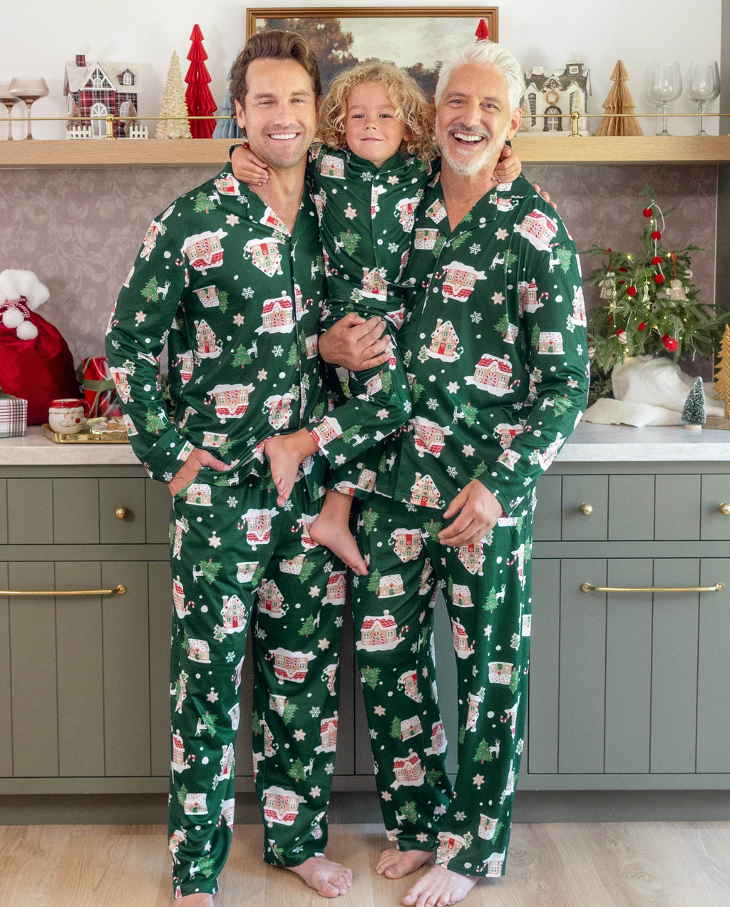 Family Matching Christmas Pajamas Gingerbread House Print Green