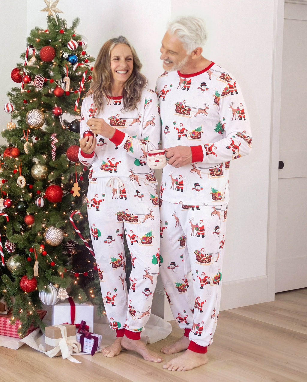 Family Matching Christmas Pajamas Reindeer & Santa Claus Print White Plus Size RED/WHITE