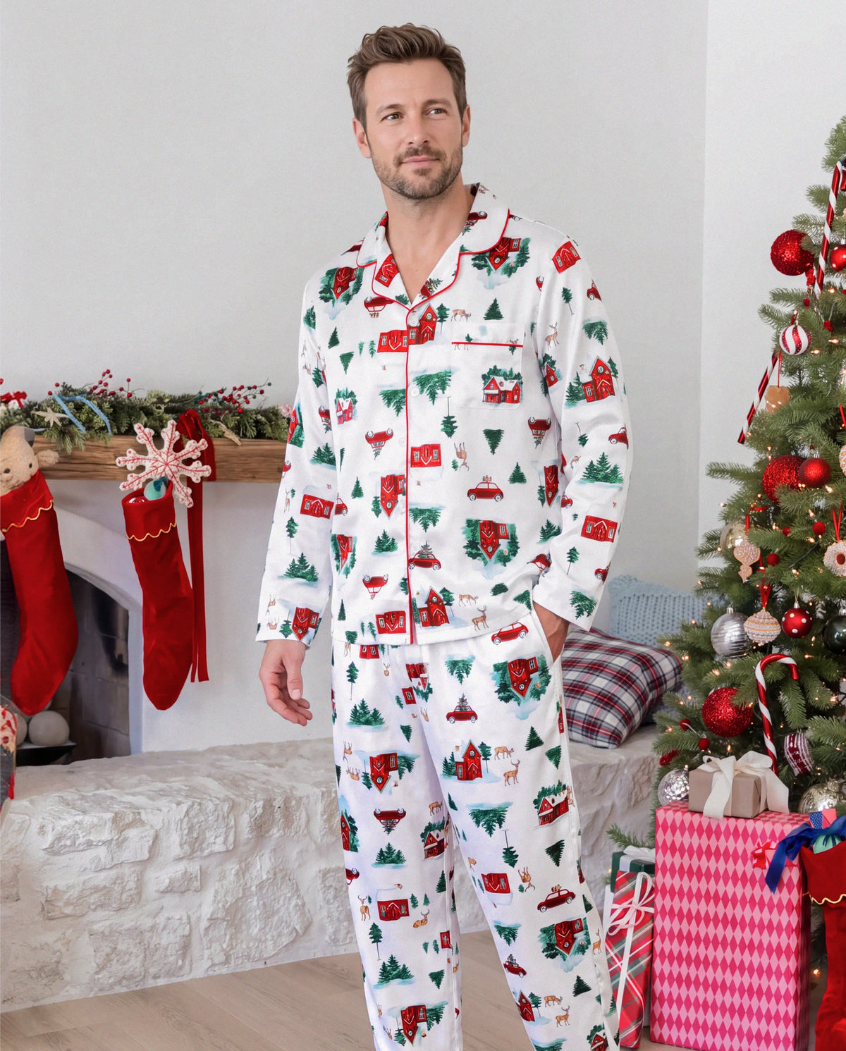 Matching Family Christmas Pajamas Christmas Village Print Satin Multicolor
