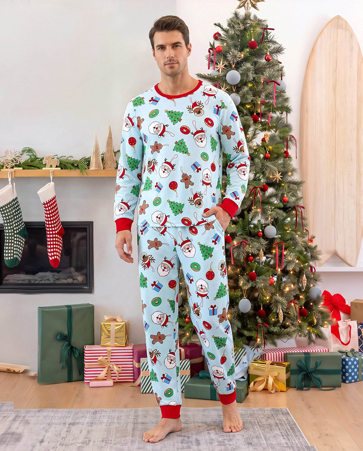 Family Matching Christmas Pajamas Santa & Christmas Tree Print Green