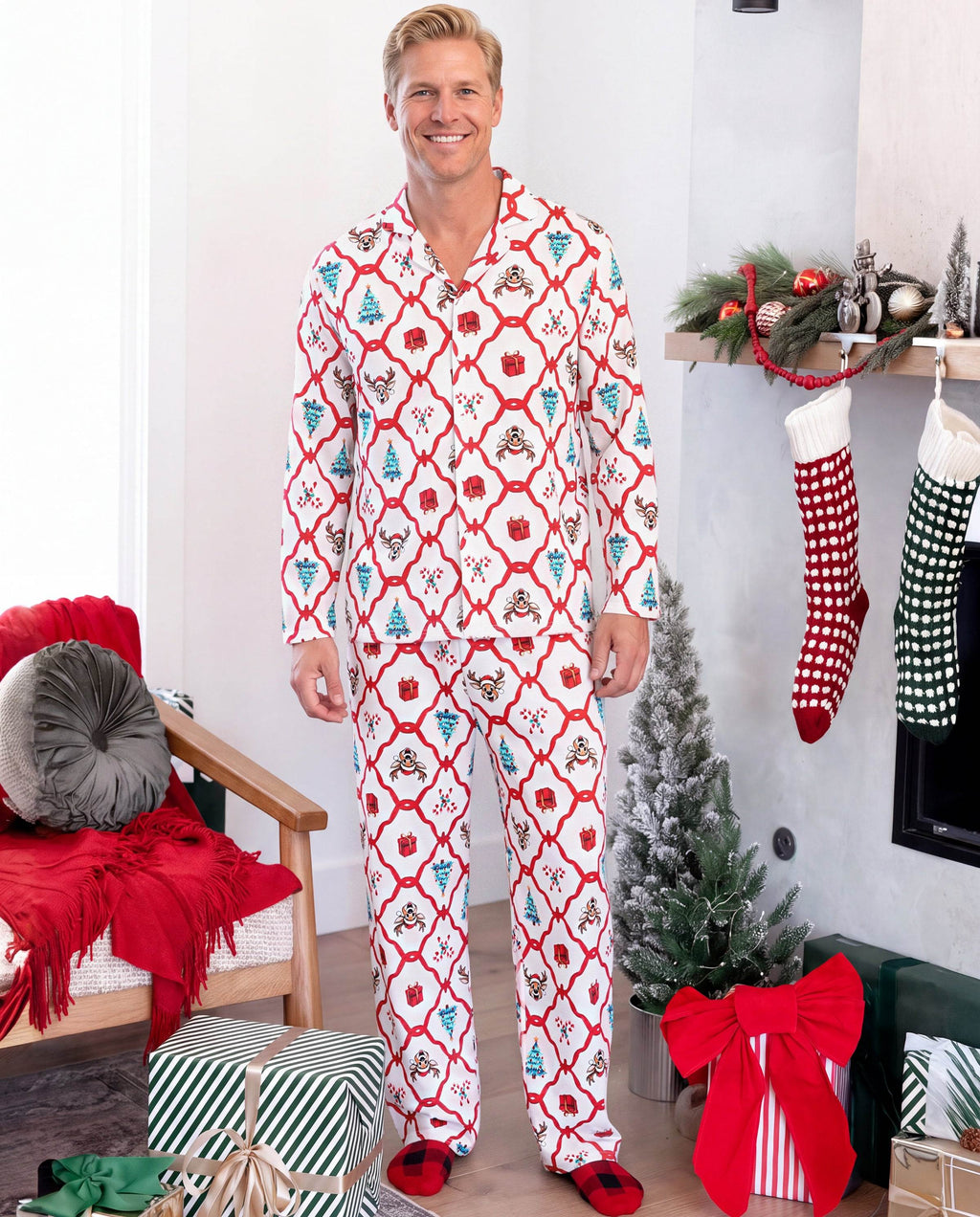 Matching Family Christmas Pajamas Reindeer & Christmas Tree Print Red
