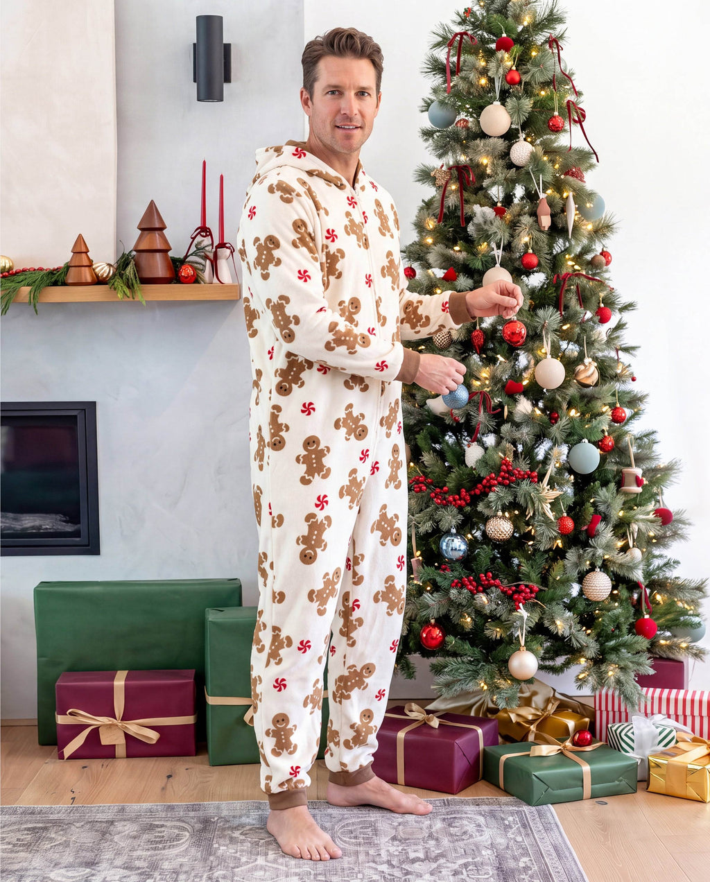 Matching Family Christmas Pajamas Gingerbread Print Coral Fleece Christmas Onesie
